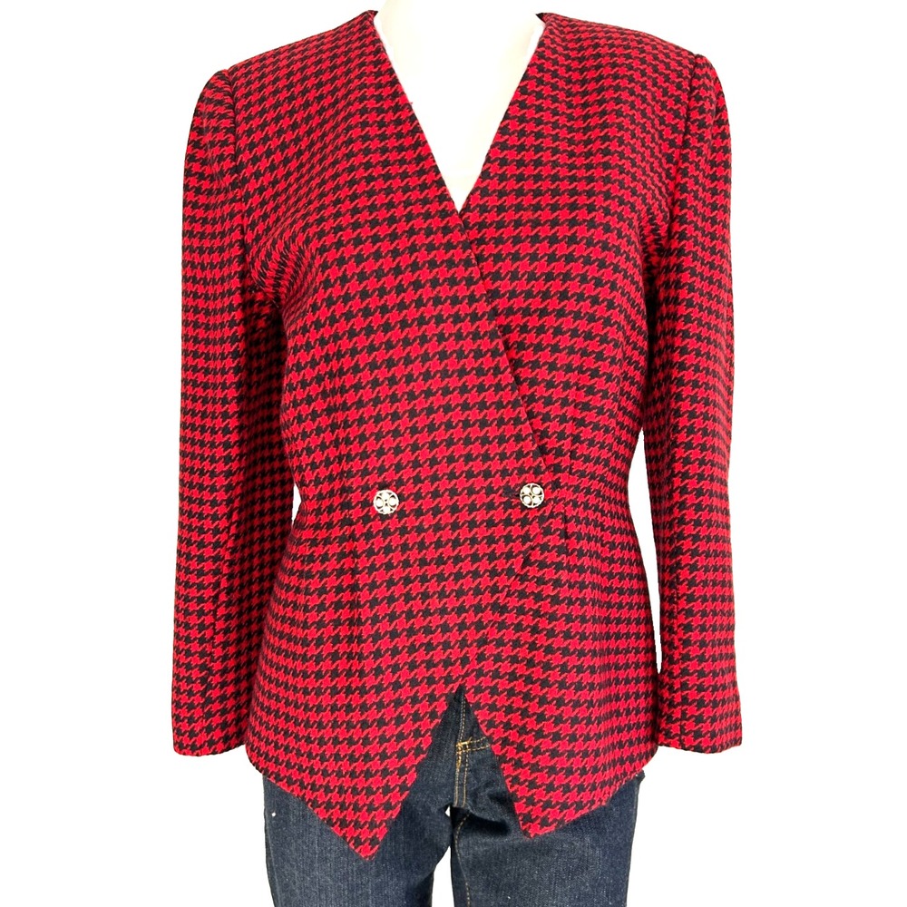 Vntage 80s D'Anello Red Houndstooth Pure Wool Dark Academia Blazer Jacket 10 EUC